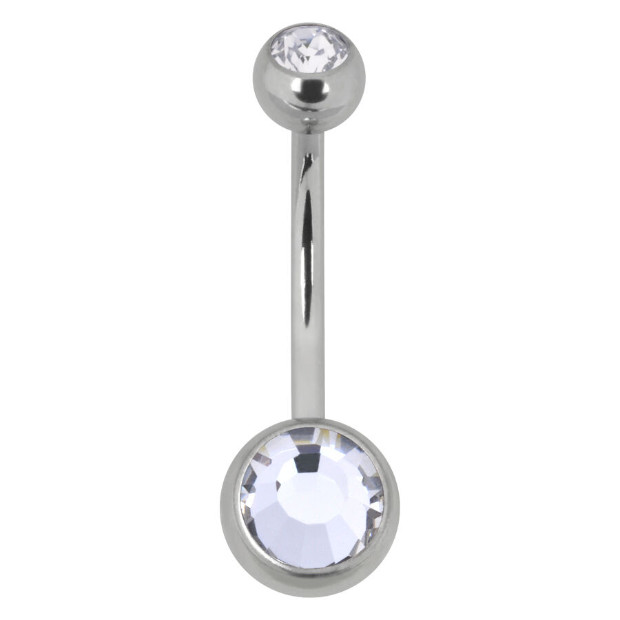 Piercing de nombril en argent avec cristaux Piercing de nombril en argent avec deux cristaux clairs sur fond blanc