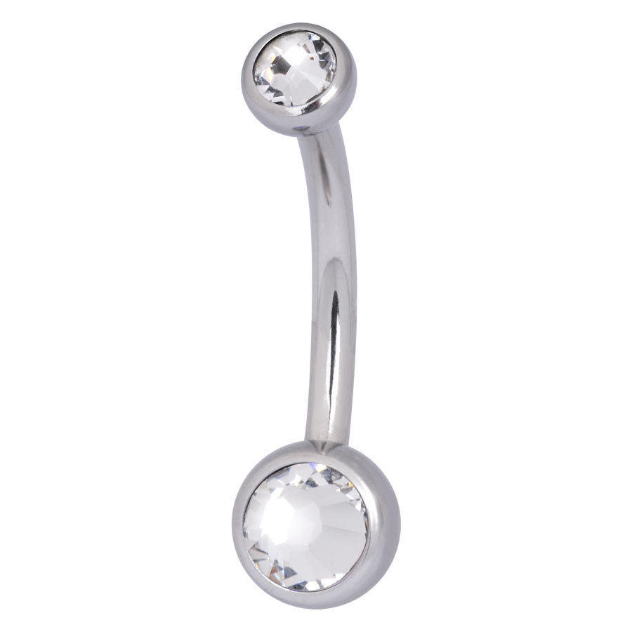 Banane de piercing intime en argent avec cristaux Piercing banane en argent avec deux cristaux clairs sur fond blanc