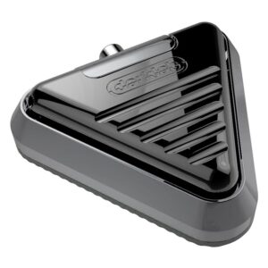 Pédale triangulaire Delta en aluminium noir et gris sur fond blanc
