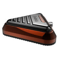 Delta Footswitch en orange-noir, forme triangulaire, aluminium, sur fond blanc