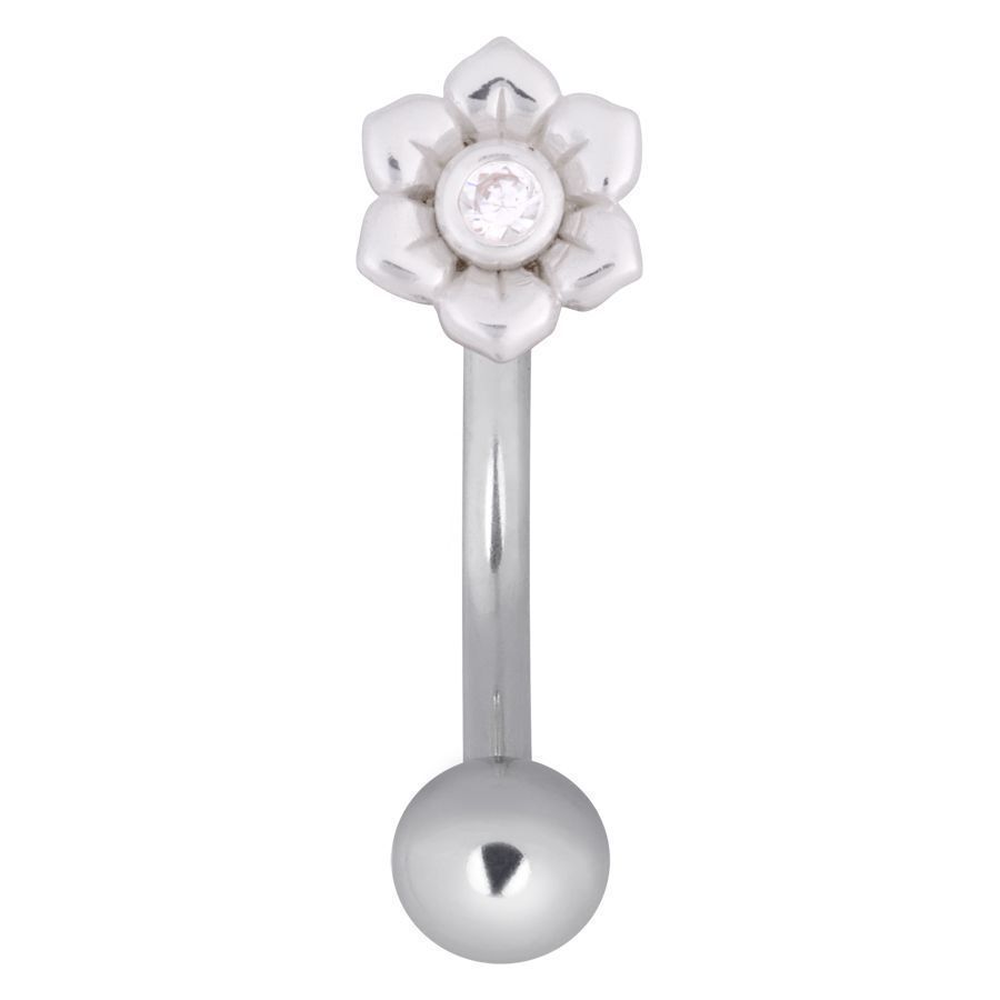 Micro Bananabell fleur en argent avec cristal Bananabell en argent avec motif de fleur et cristal clair sur fond blanc