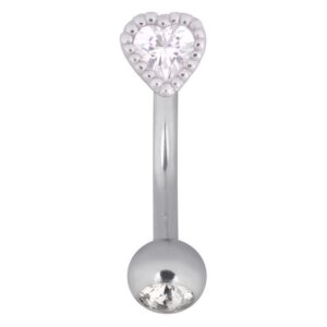 Micro bananabell cœur en argent avec cristal clair sur fond blanc