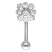 Micro bananabell argenté avec fleur en cristal Micro bananabell argenté avec décoration florale en cristal clair sur fond blanc