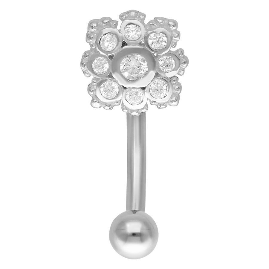 Micro bananabell argenté avec fleur en cristal Micro bananabell argenté avec décoration florale en cristal clair sur fond blanc