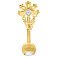 Micro Bananabell doré avec cristal, 1,2mm Micro Bananabell doré avec cristal et détails de chaîne sur fond blanc