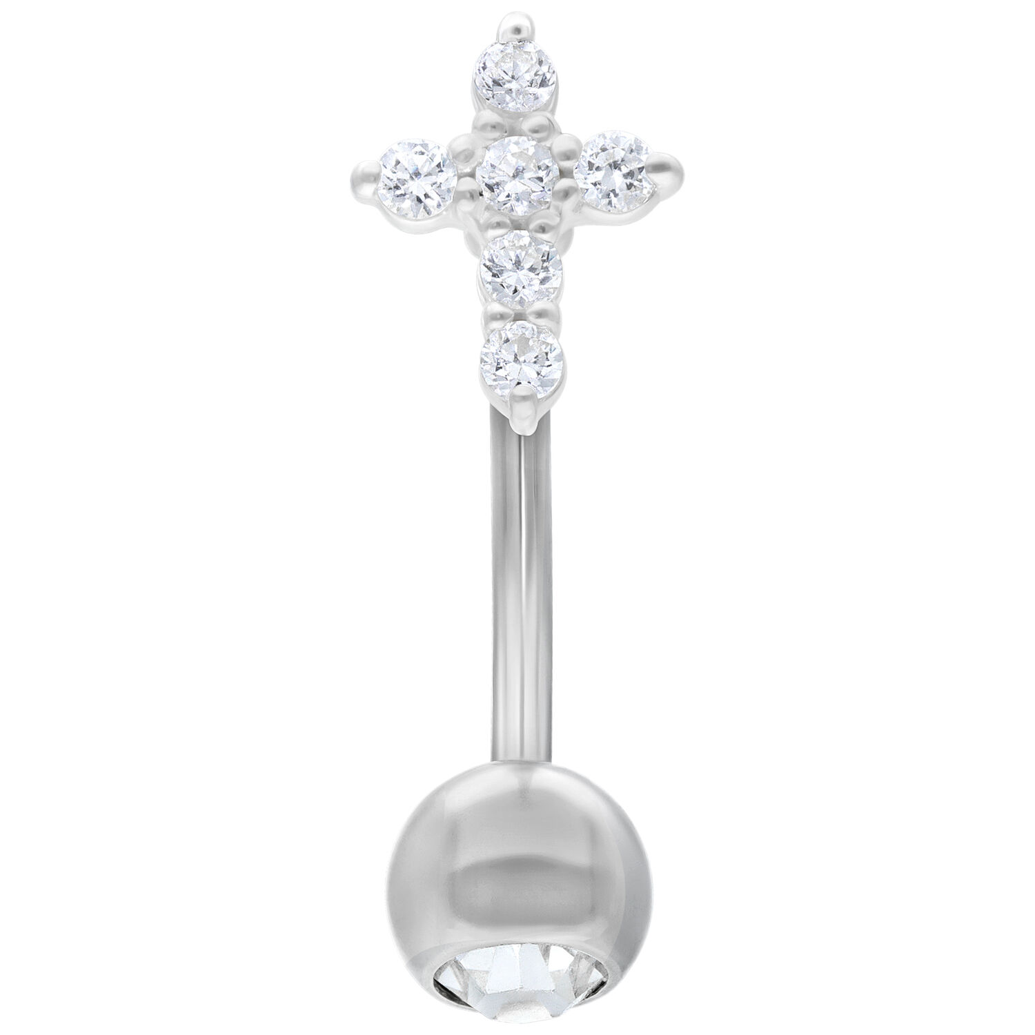 Bananabell argenté avec croix en cristal clair et boule sur fond blanc