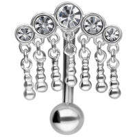 5 cristaux Micro Bananabell en argent Micro Bananabell en argent avec 5 cristaux clairs et pendentifs sur fond blanc