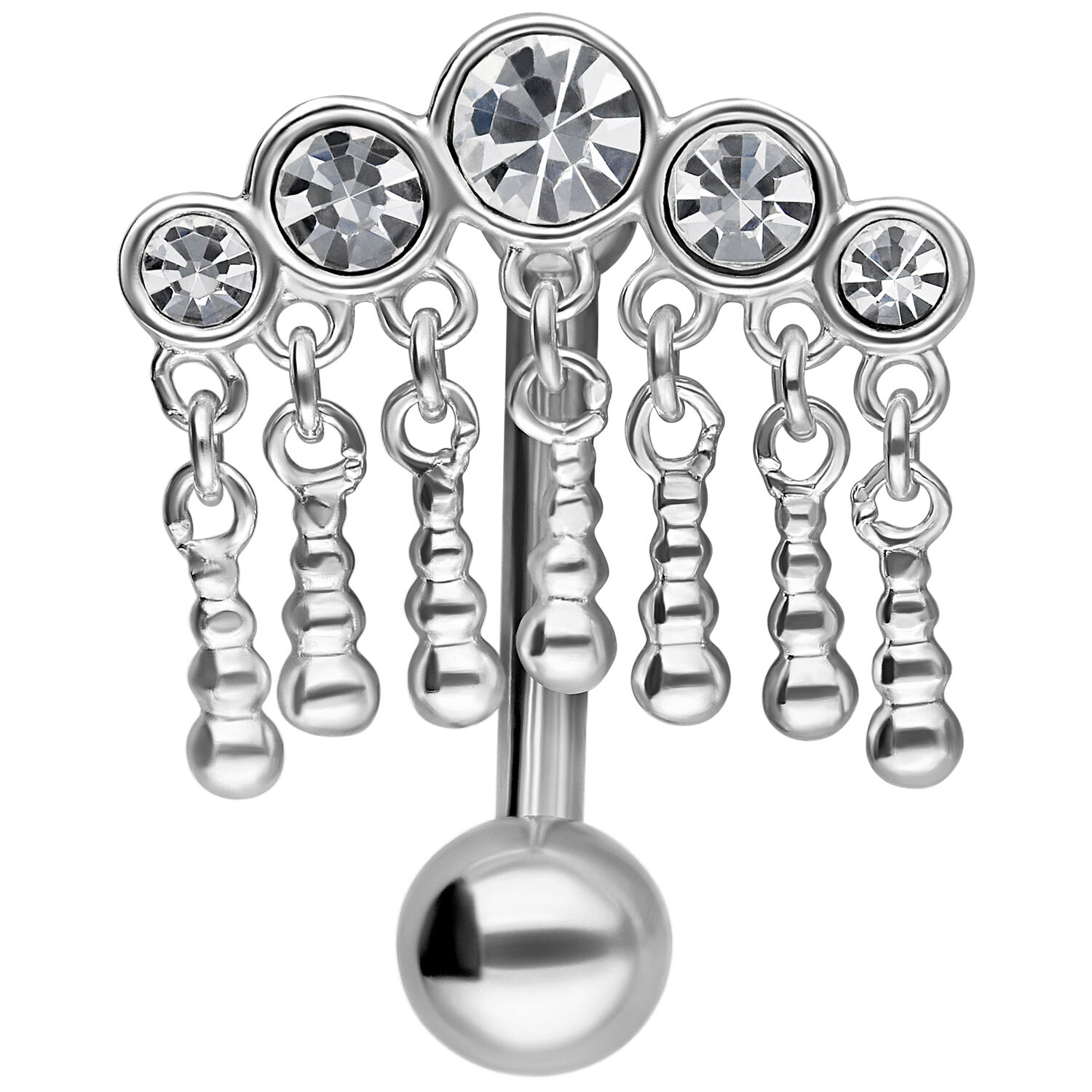 5 cristaux Micro Bananabell en argent Micro Bananabell en argent avec 5 cristaux clairs et pendentifs sur fond blanc