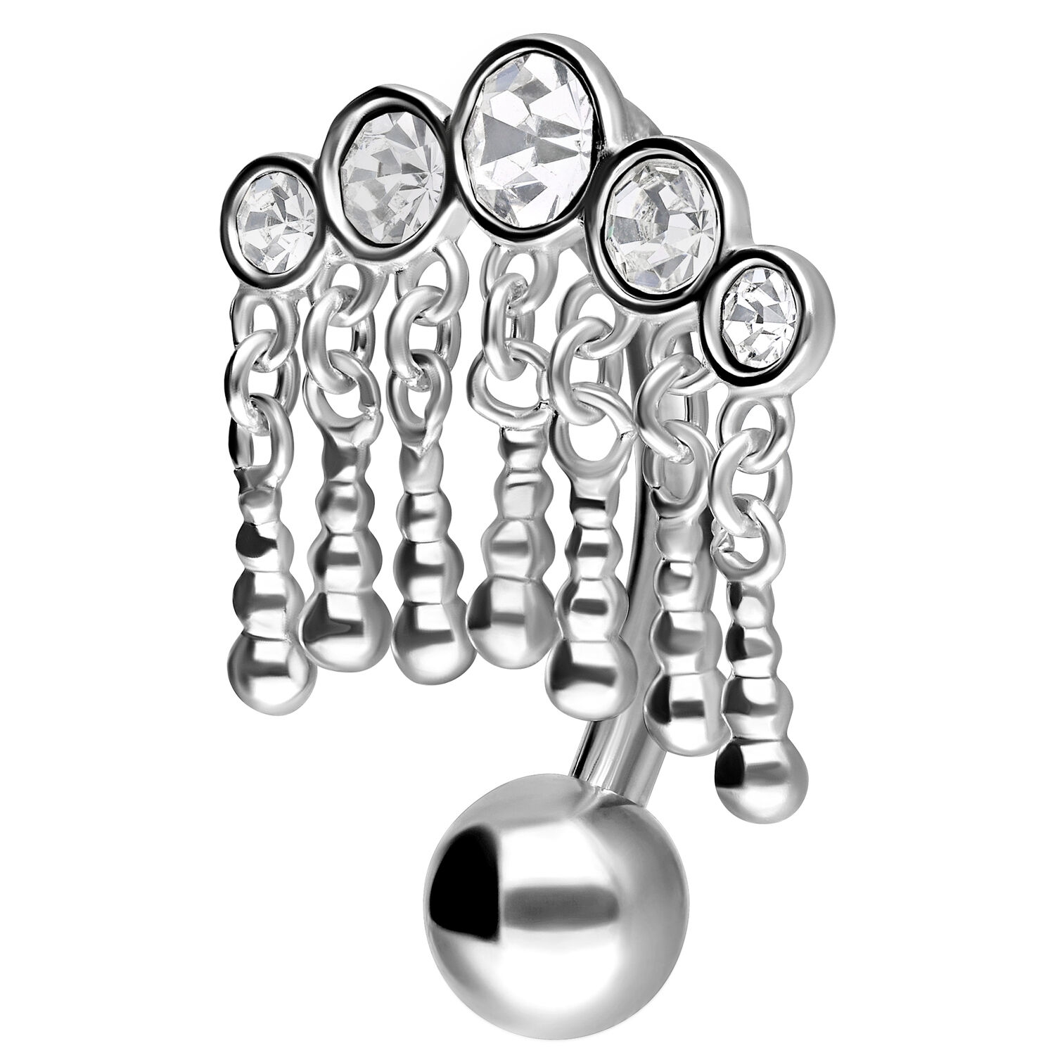 Micro bananabell en argent avec cristaux Micro bananabell en argent avec cinq cristaux clairs sur fond blanc
