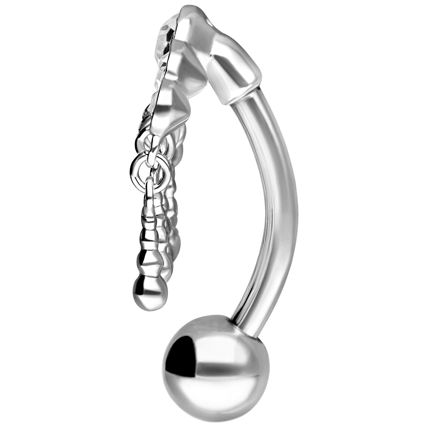 Micro Bananabell en argent avec cristaux 1,2 mm Micro Bananabell en argent avec cristaux pendants sur fond blanc