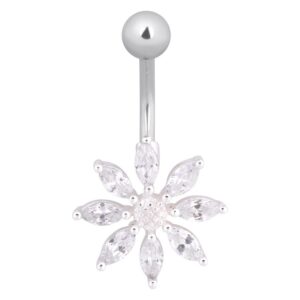 Piercing nombril en argent avec pendentif fleur en cristaux