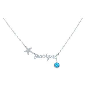 Collier argenté avec pendentif étoile, inscription 'Beachgirl' et cristal bleu