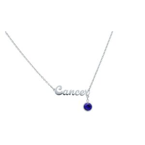 Chaîne argentée avec inscription 'Cancer' et pendentif en cristal bleu sur fond blanc