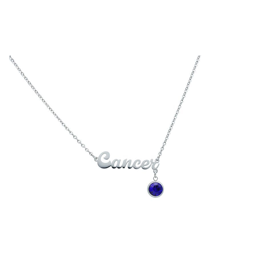 Chaîne Cancer argentée avec cristal bleu Chaîne argentée avec inscription 'Cancer' et pendentif en cristal bleu sur fond blanc