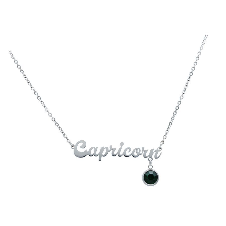 Chaîne Capricorne argentée avec pendentif Chaîne argentée avec inscription Capricorne et pendentif noir sur fond blanc