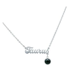 Collier en argent avec inscription 'Taurus' et pendentif noir