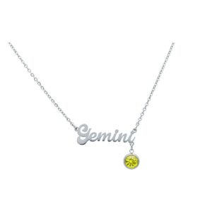 Collier en argent avec inscription Gemini et cristal jaune sur fond blanc