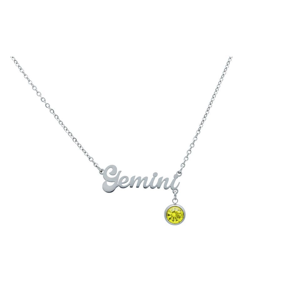 Collier Gemini en argent avec cristal jaune Collier en argent avec inscription Gemini et cristal jaune sur fond blanc
