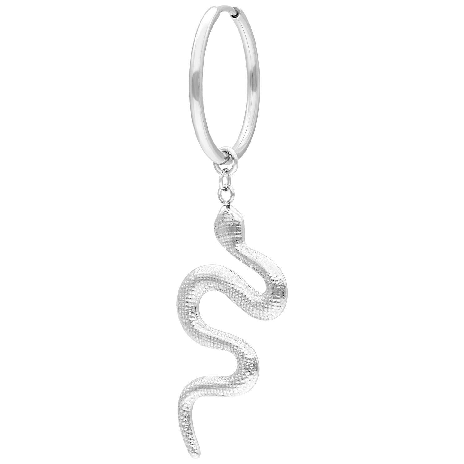 Créoles Big Snake argentées Boucle d'oreille argentée avec pendentif serpent sur fond blanc