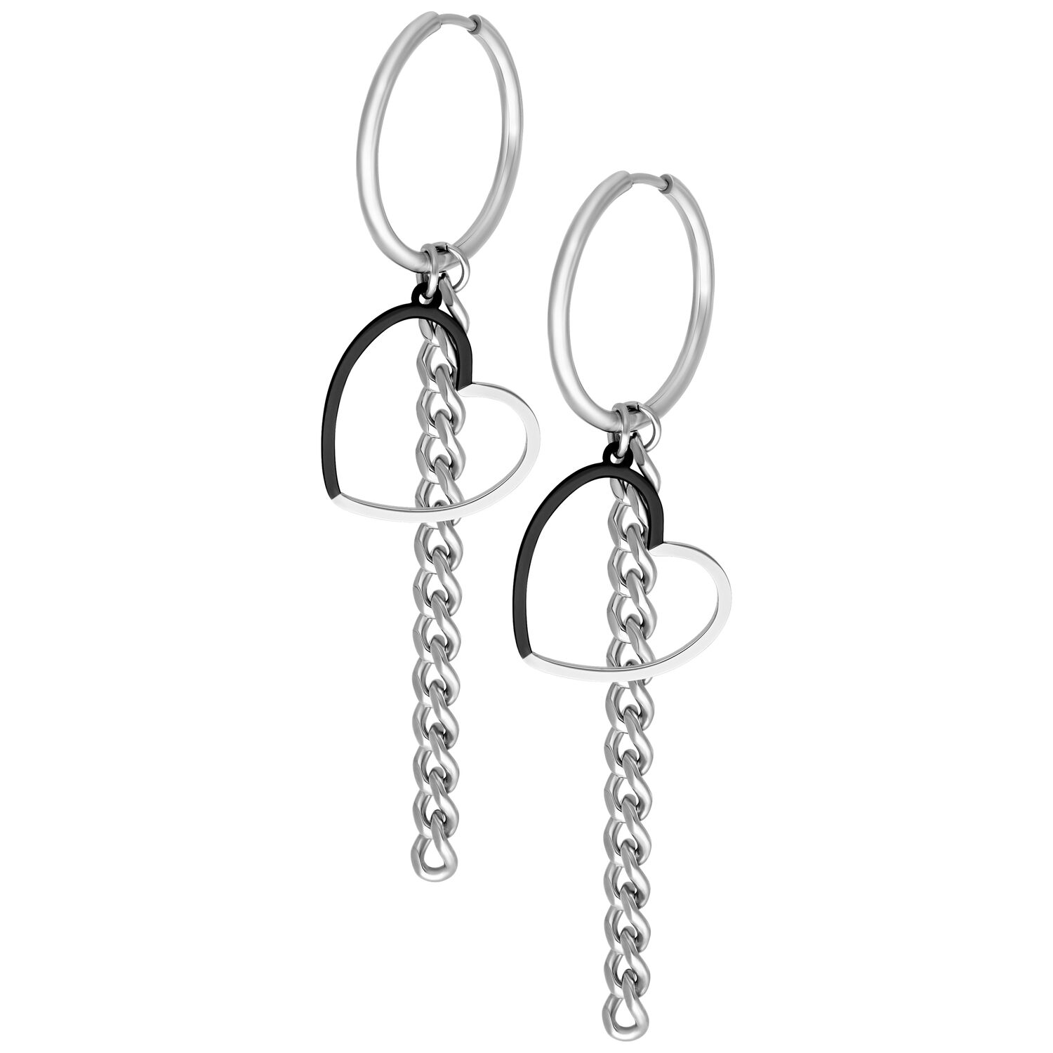 Créoles cœur en argent et noir Créoles argentées avec pendentifs en forme de cœur en noir et argent