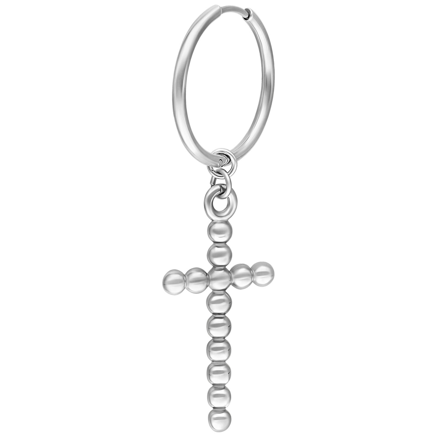 Boucles d'oreilles croix argentées au design de bulles sur fond blanc