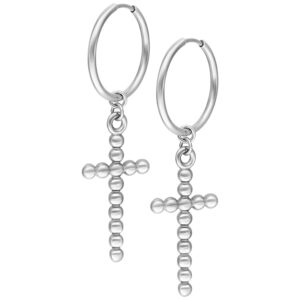 Deux hoops argentées avec pendentif croix en bulles sur fond blanc