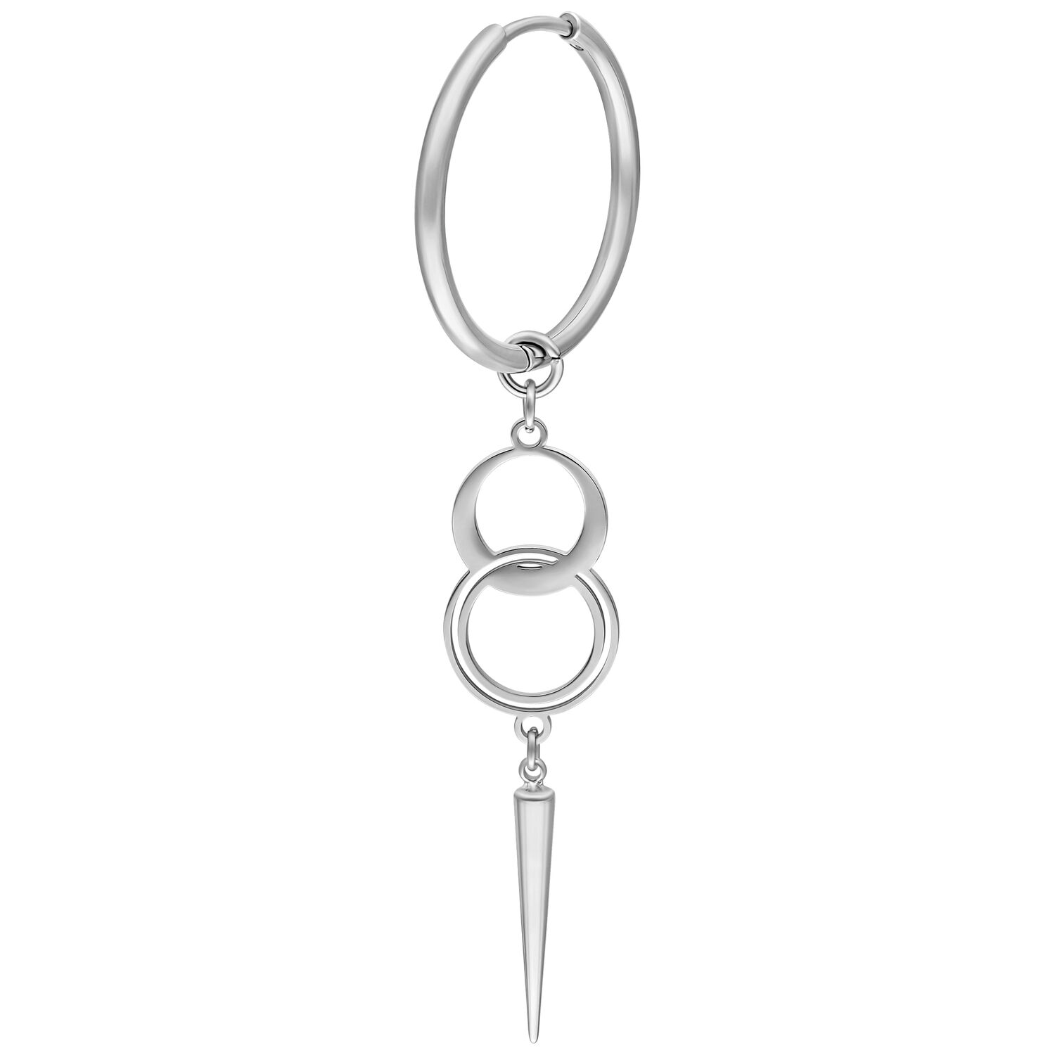 Boucles d'oreilles argentées avec design pendentif Boucles d'oreilles argentées avec deux anneaux et pendentif pointu sur fond blanc