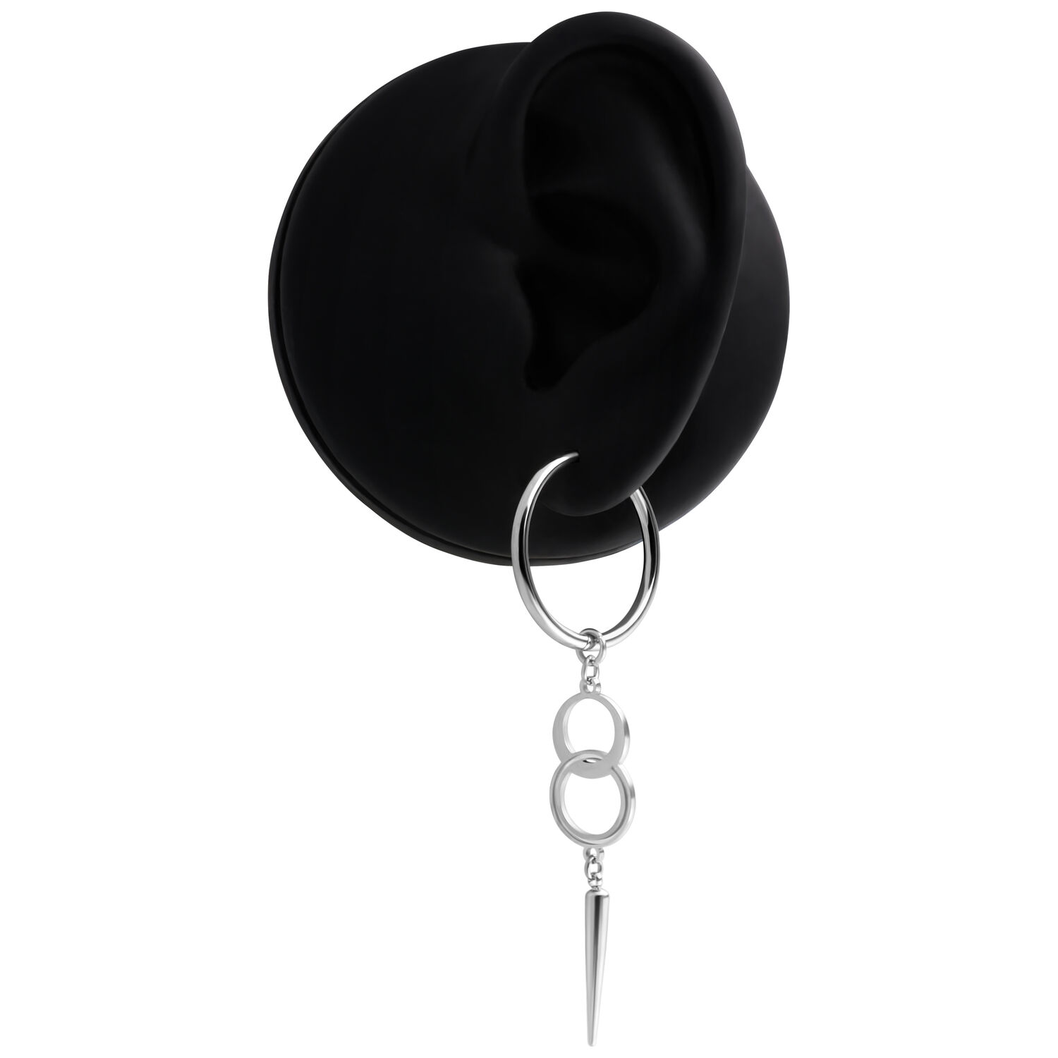 Créoles argentées avec pendentif Créoles argentées avec pendentif sur un modèle d'oreille noir