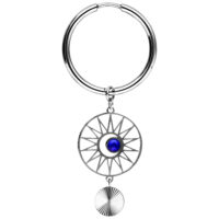 Créoles argentées avec cristal bleu Créoles argentées avec cristal bleu foncé et motif de soleil sur fond blanc