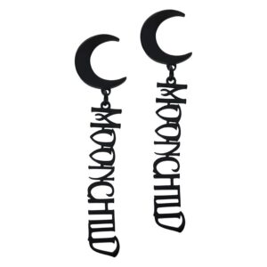 Boucles d'oreilles noires en acier chirurgical avec design de lune et inscription sur fond blanc