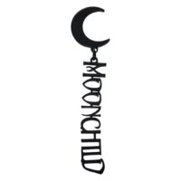 Clous d'oreilles Moonchild noirs en acier chirurgical Clous d'oreilles noirs avec motif de lune et inscription 'Moonchild' sur fond blanc