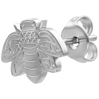 Boucles d'oreilles abeille en acier inoxydable argenté Boucle d'oreille argentée en forme d'abeille sur fond blanc