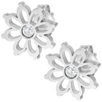 Boucles d'oreilles fleurs argentées avec cristal Deux boucles d'oreilles fleurs argentées en acier chirurgical avec cristal clair sur fond blanc
