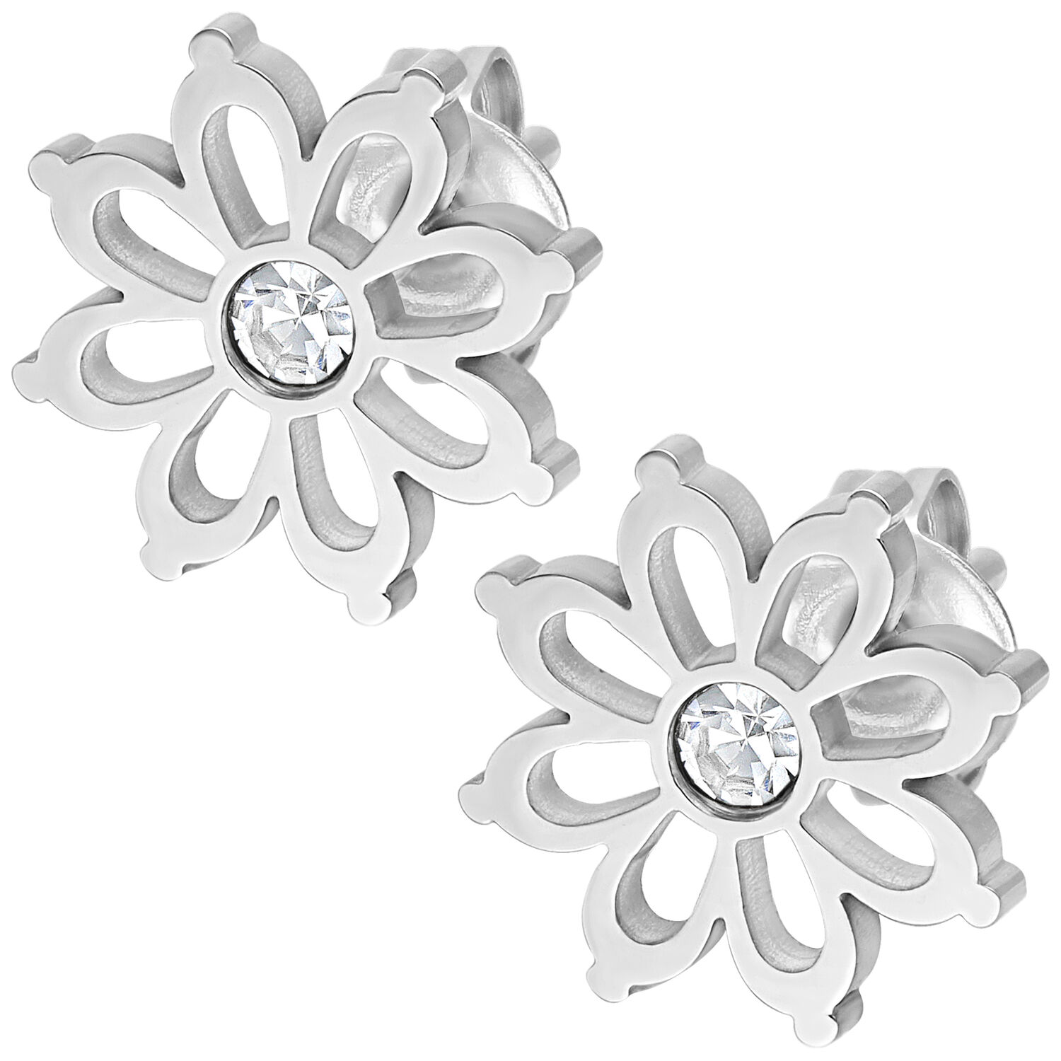Boucles d'oreilles fleurs argentées avec cristal Deux boucles d'oreilles fleurs argentées en acier chirurgical avec cristal clair sur fond blanc