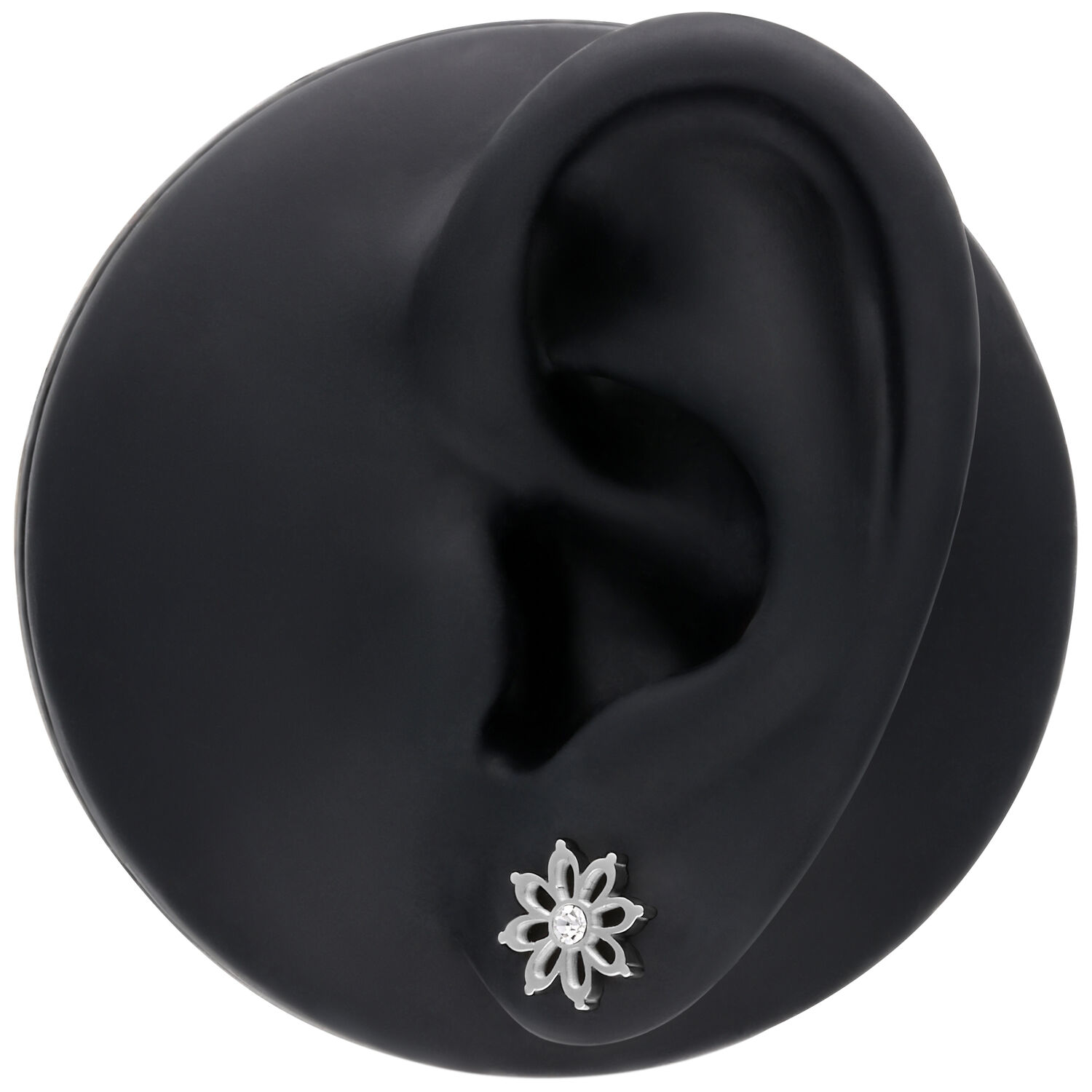 Boucles d'oreilles fleurs en acier inoxydable argentées Boucles d'oreilles fleurs argentées sur modèle d'oreille noir