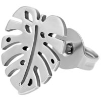 Paire de boucles d'oreilles Monstera en argent Boucles d'oreilles Monstera argentées en acier chirurgical sur fond blanc