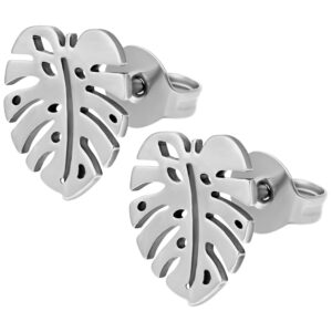 Boucles d'oreilles Monstera en argent en acier chirurgical sur fond blanc