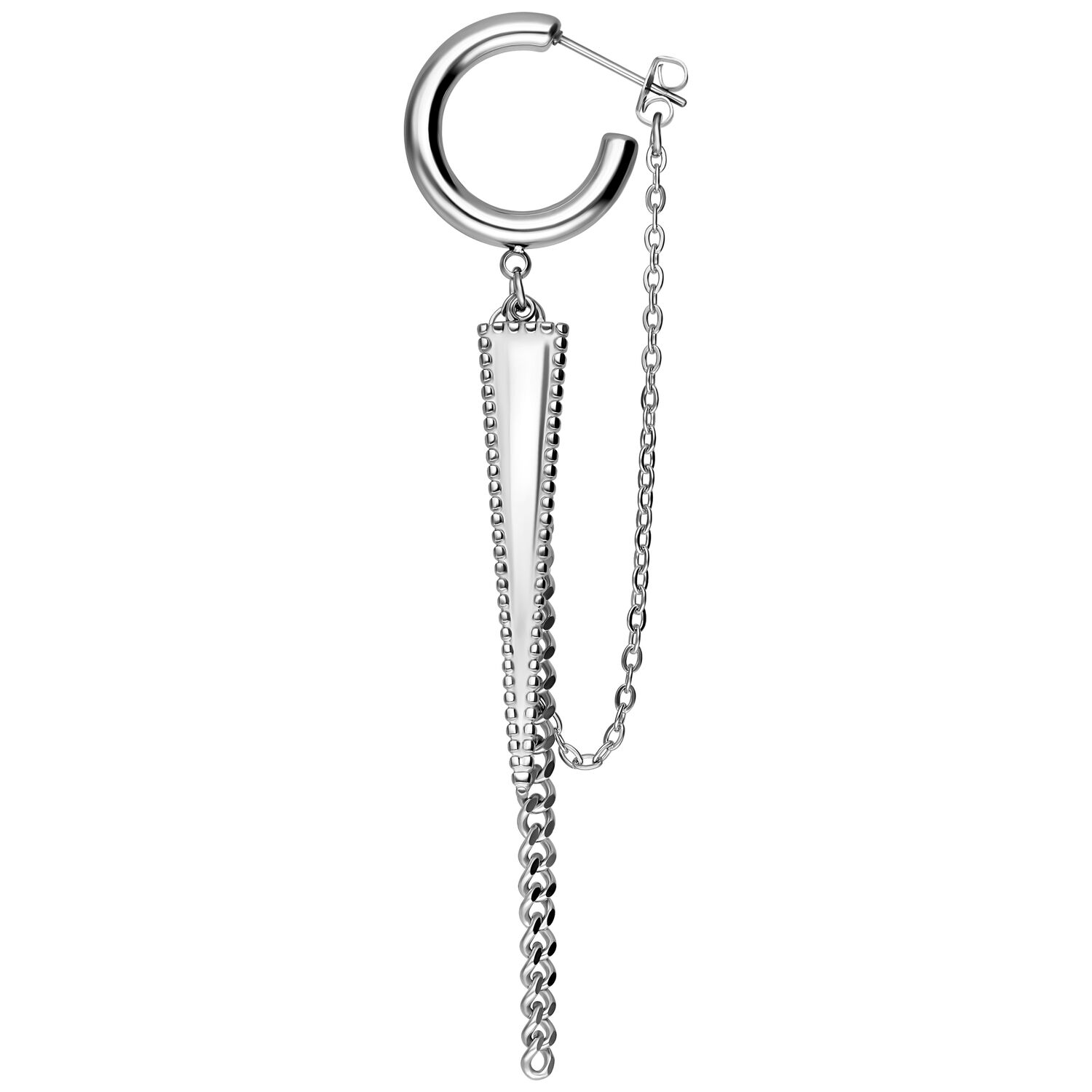 Boucles d'oreilles triangle argentées avec chaîne Boucle d'oreille argentée avec triangle et chaîne sur fond blanc