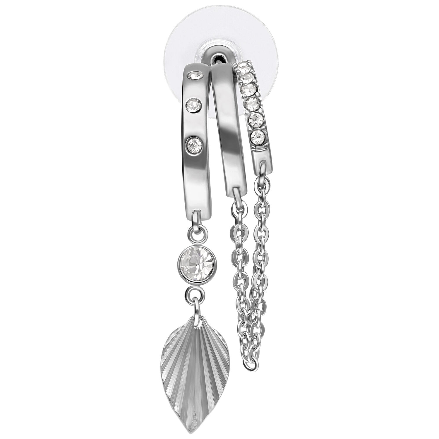Boucles d'oreilles argentées avec pendentif feuille Deux boucles d'oreilles argentées avec strass et pendentif en forme de feuille sur fond blanc
