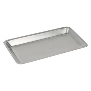 Plateau rectangulaire en acier inoxydable sur fond blanc