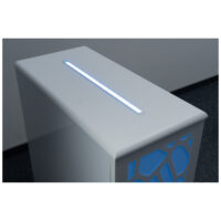 Enbio Trolley blanc avec lumière bleue Trolley Enbio blanc avec motif lumineux bleu sur sol gris