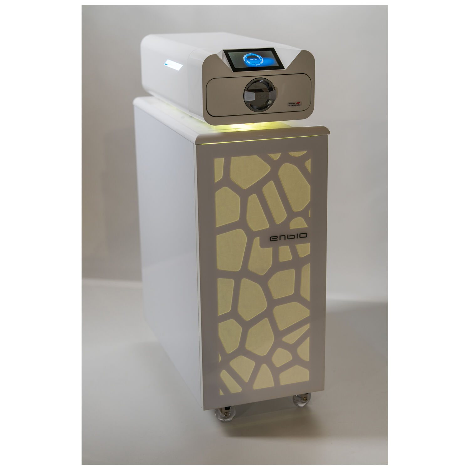 Enbio Trolley pour stérilisation en studio Trolley Enbio blanc avec écran numérique sur fond gris