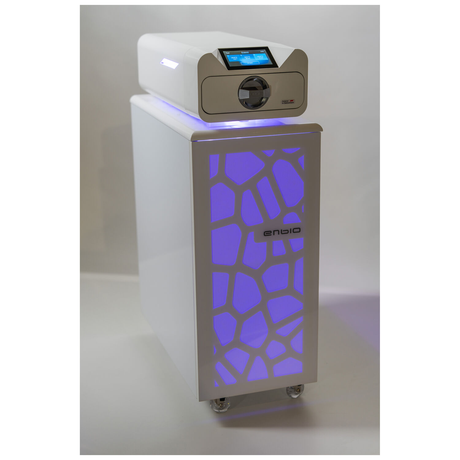 Trolley Enbio avec éclairage LED, unisexe Trolley Enbio blanc avec éclairage LED bleu, sur roues, fond de studio