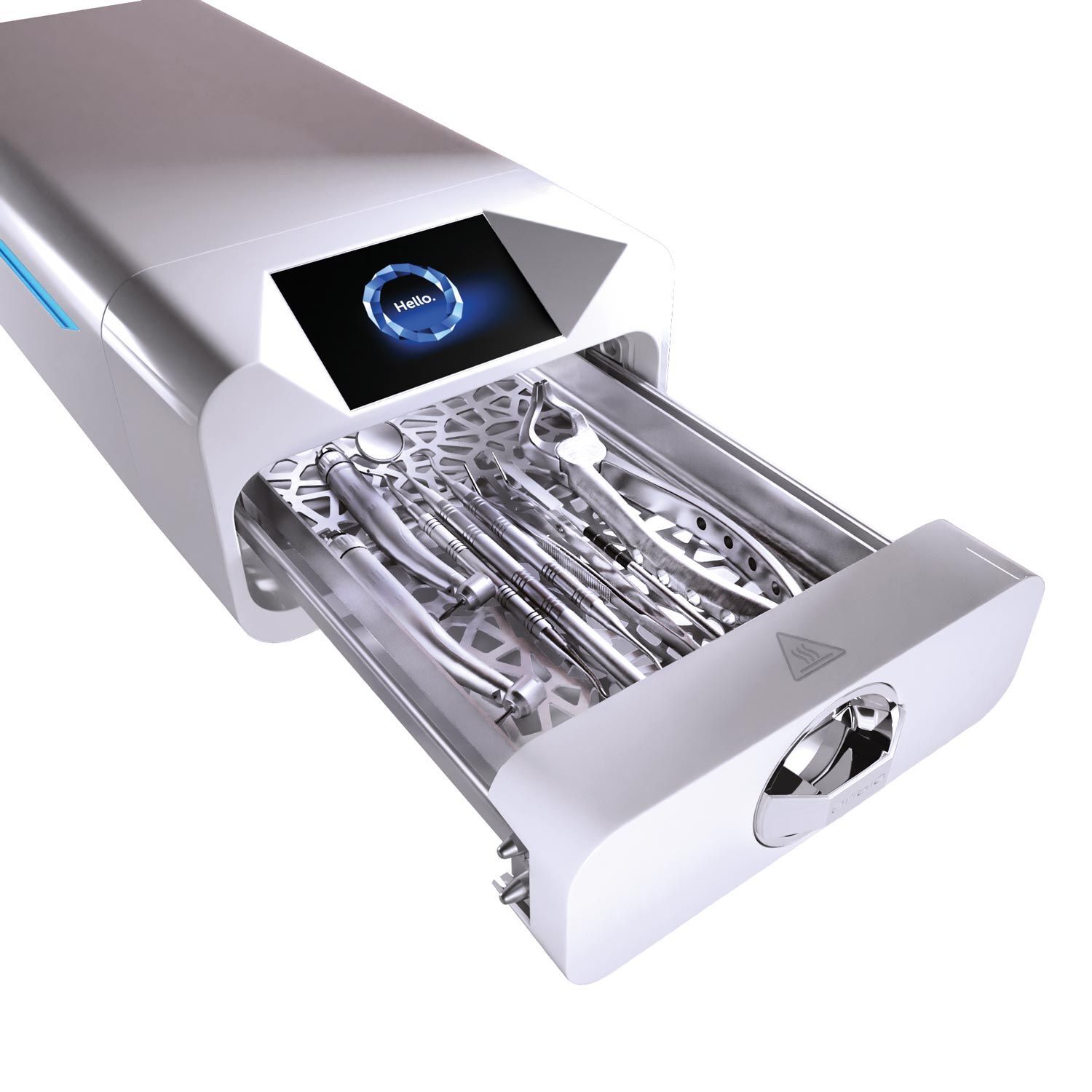 Enbio autoclave S blanc avec compartiment ouvert et outils de stérilisation