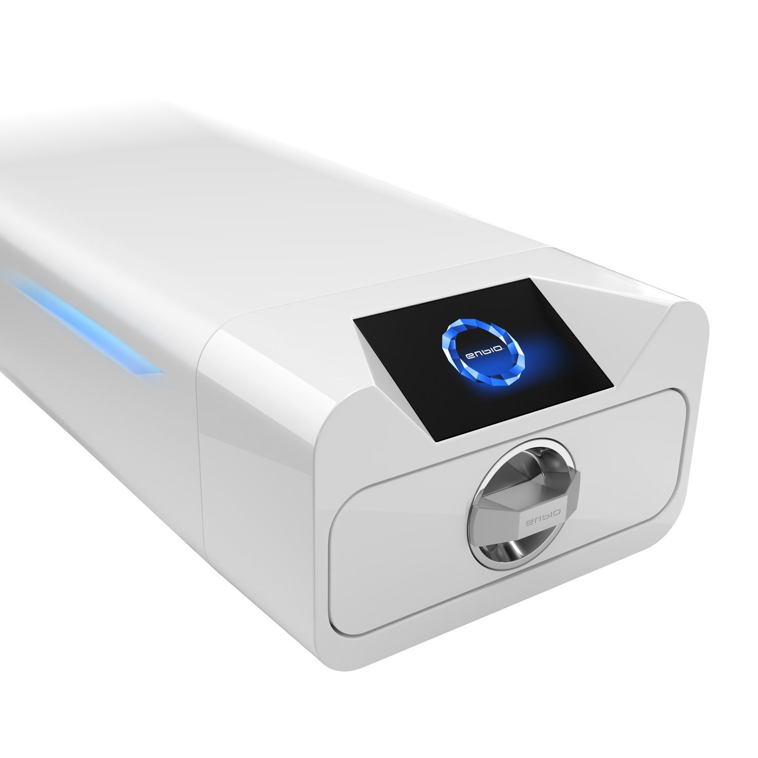 Autoclave blanc Enbio S sur fond blanc avec écran bleu