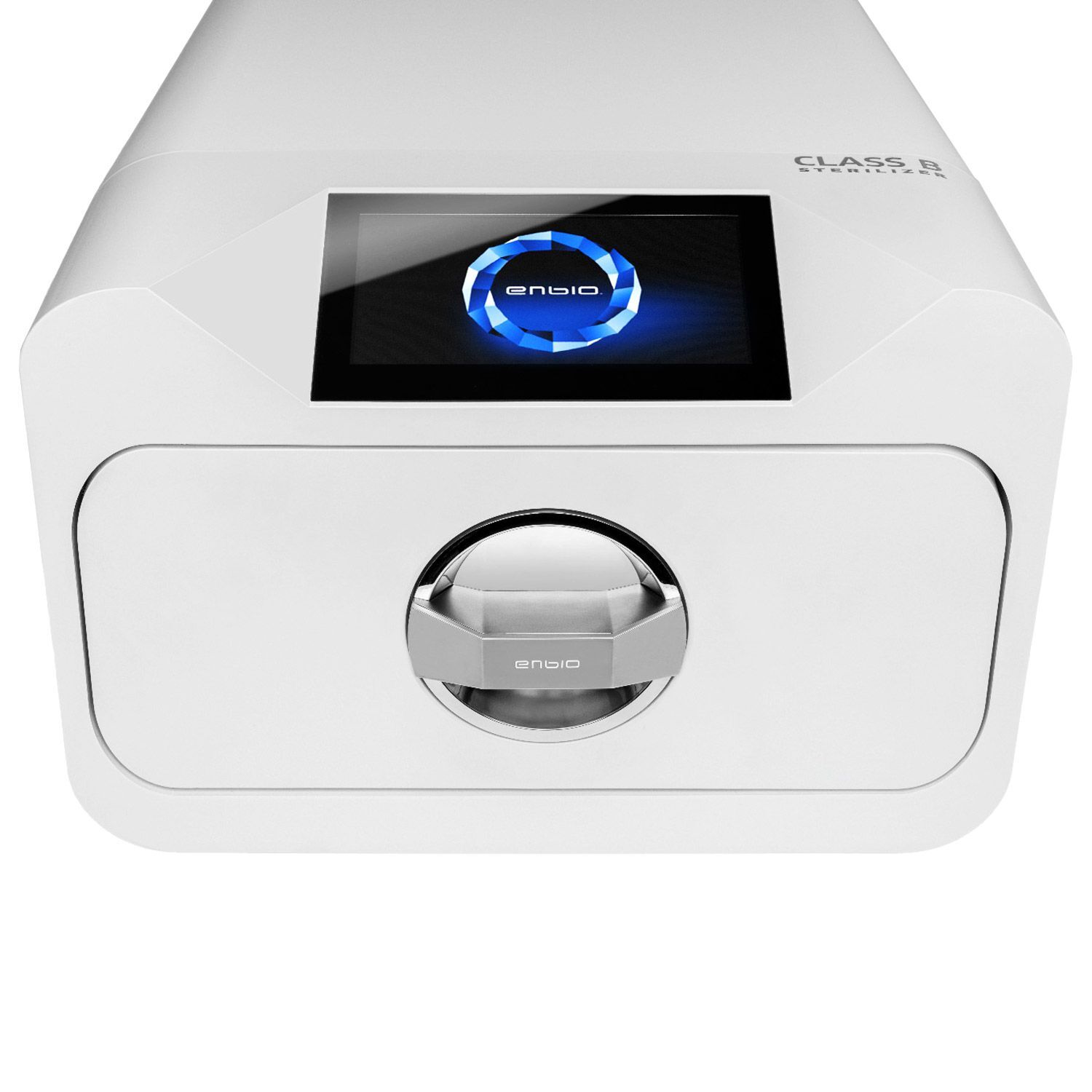 Enbio Autoclave Pro en blanc avec écran Enbio Autoclave Pro blanc avec écran bleu sur fond blanc