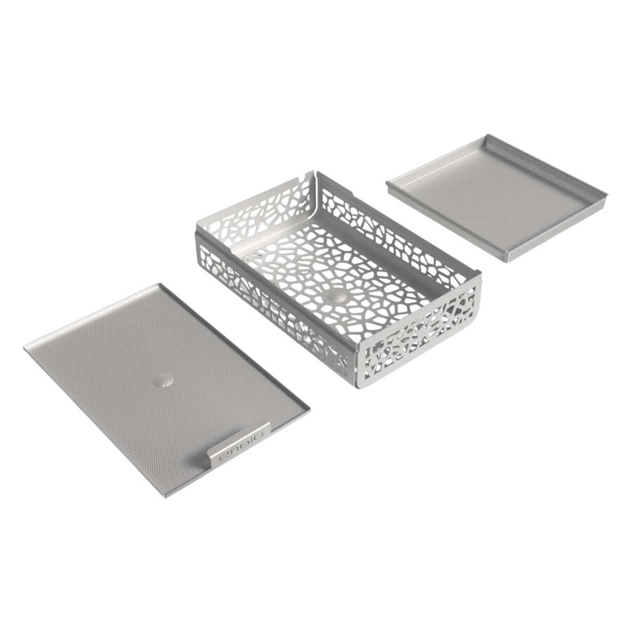 Ensemble de plateaux argentés Enbio Pro pour stérilisation Ensemble de plateaux argentés Enbio Pro avec parois décoratives sur fond blanc