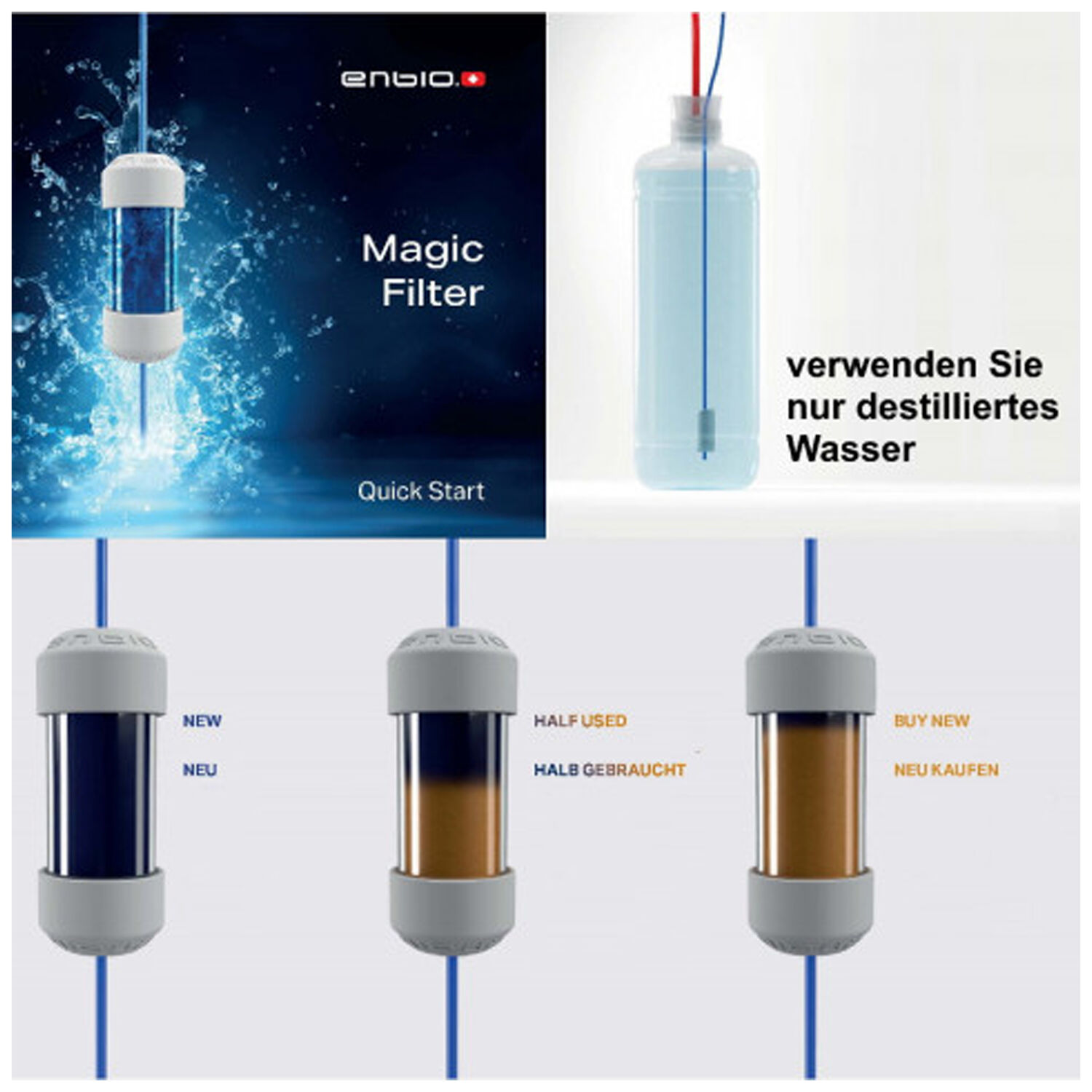 Enbio Magic Filter pour eau distillée Enbio Magic Filter dans l'eau, états du filtre montrés, fond de studio