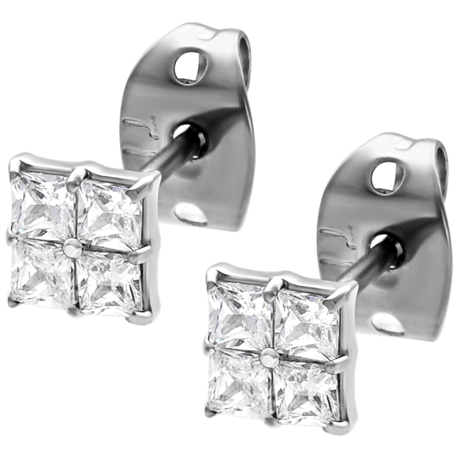 Boucles d'oreilles carrées en cristal argenté Boucles d'oreilles argentées avec cristaux carrés sur fond blanc