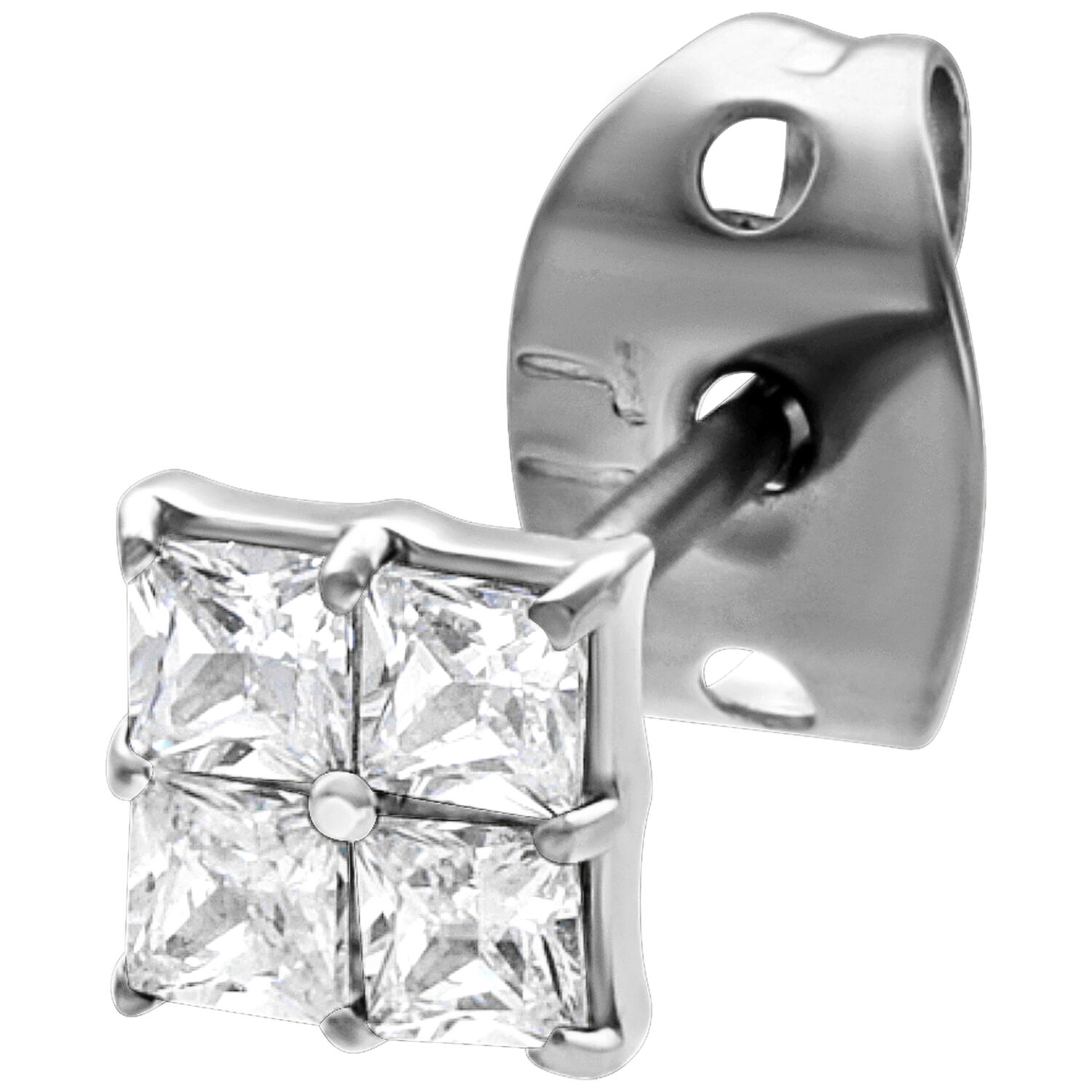 Boucles d'oreilles en cristal argenté design carré Boucles d'oreilles argentées avec cristaux carrés sur fond blanc